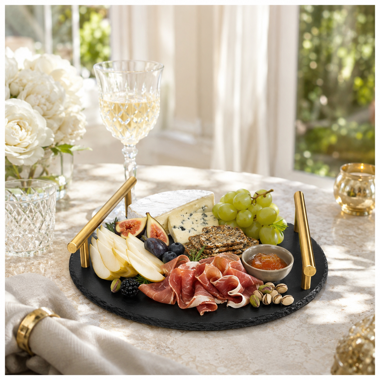 Midnight Slate Round Serving Tray With Metallic Gold Handles