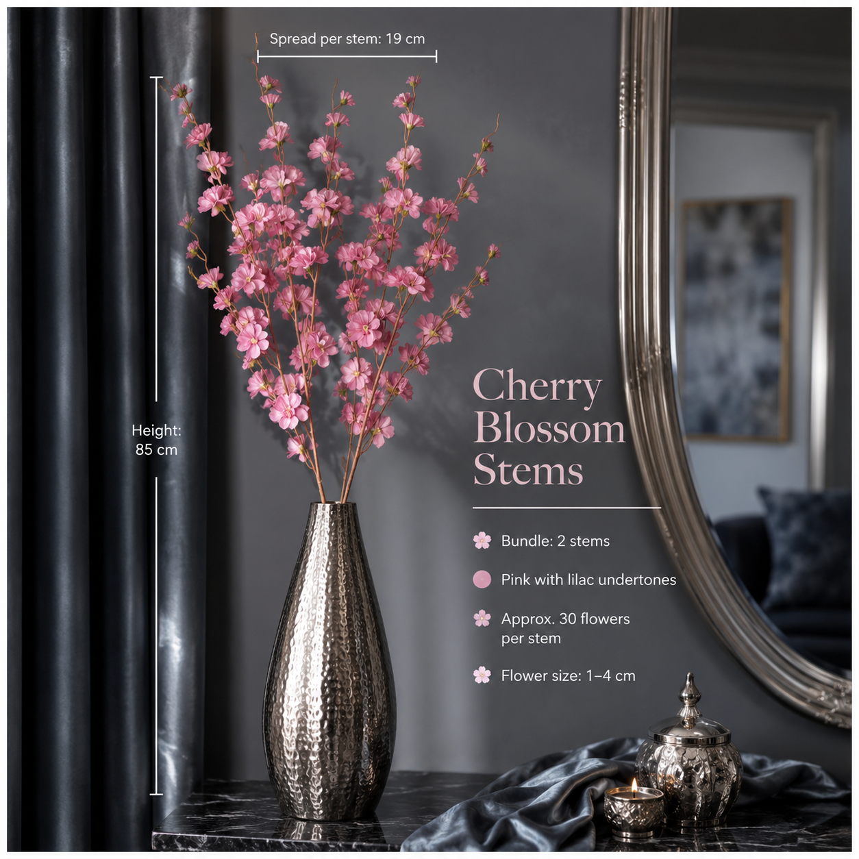 Beautiful Cherry Blossom Stems – 85cm, 2-Pack, White or Pink Lilac
