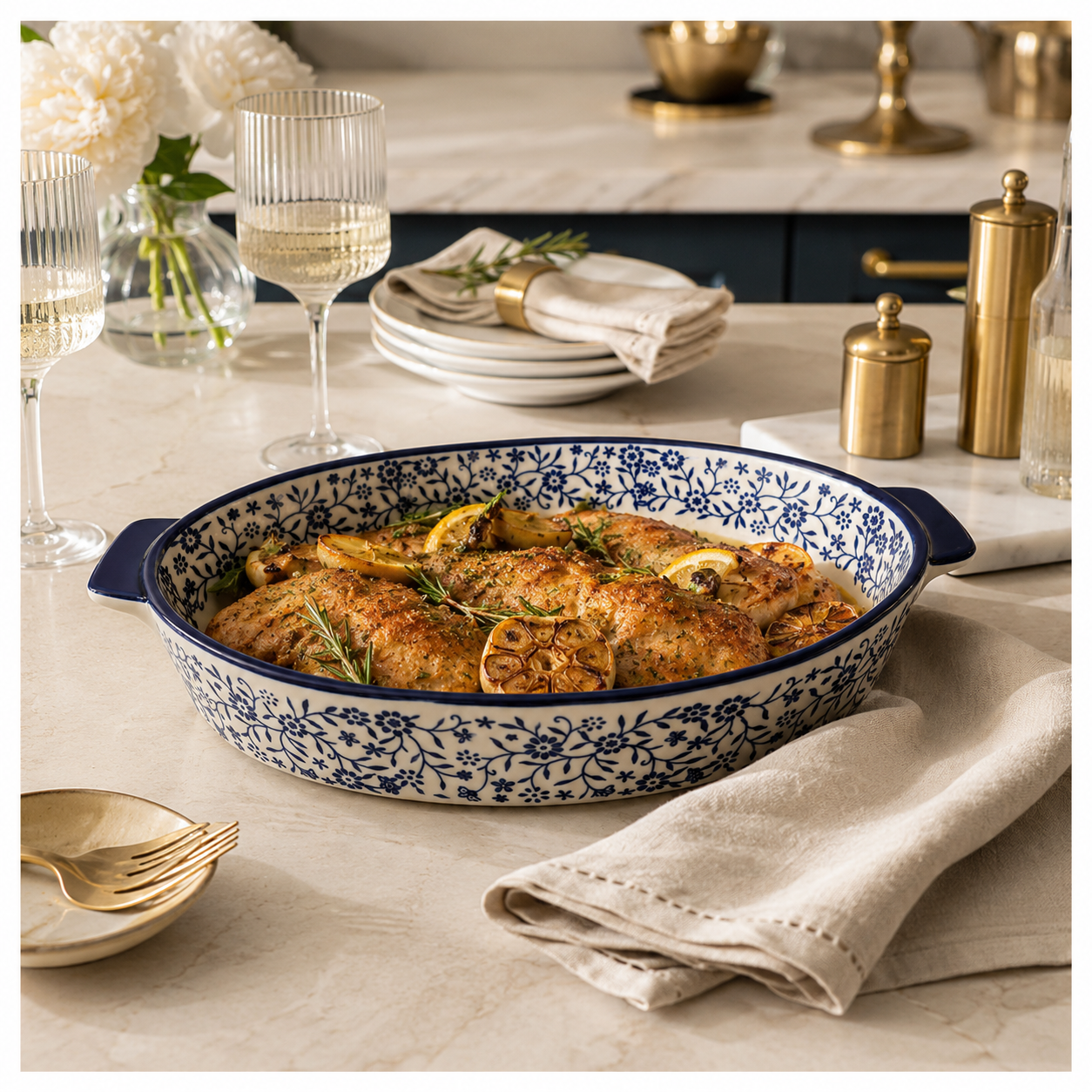 33cm Blue Floral Porcelain Oval Baking Dish with Handles