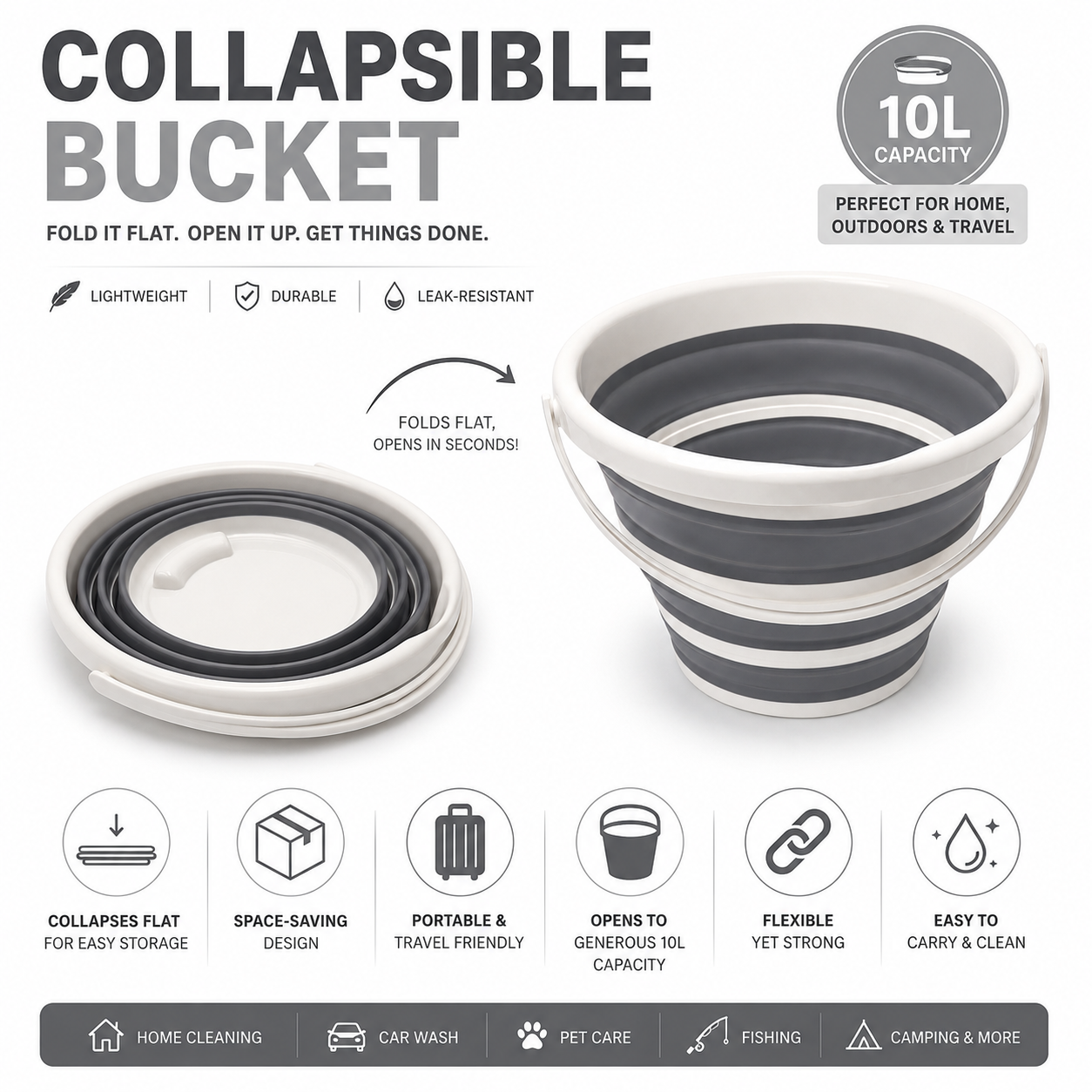 10L Collapsible Ice Bucket White and Grey Portable Space-Saving Bucket
