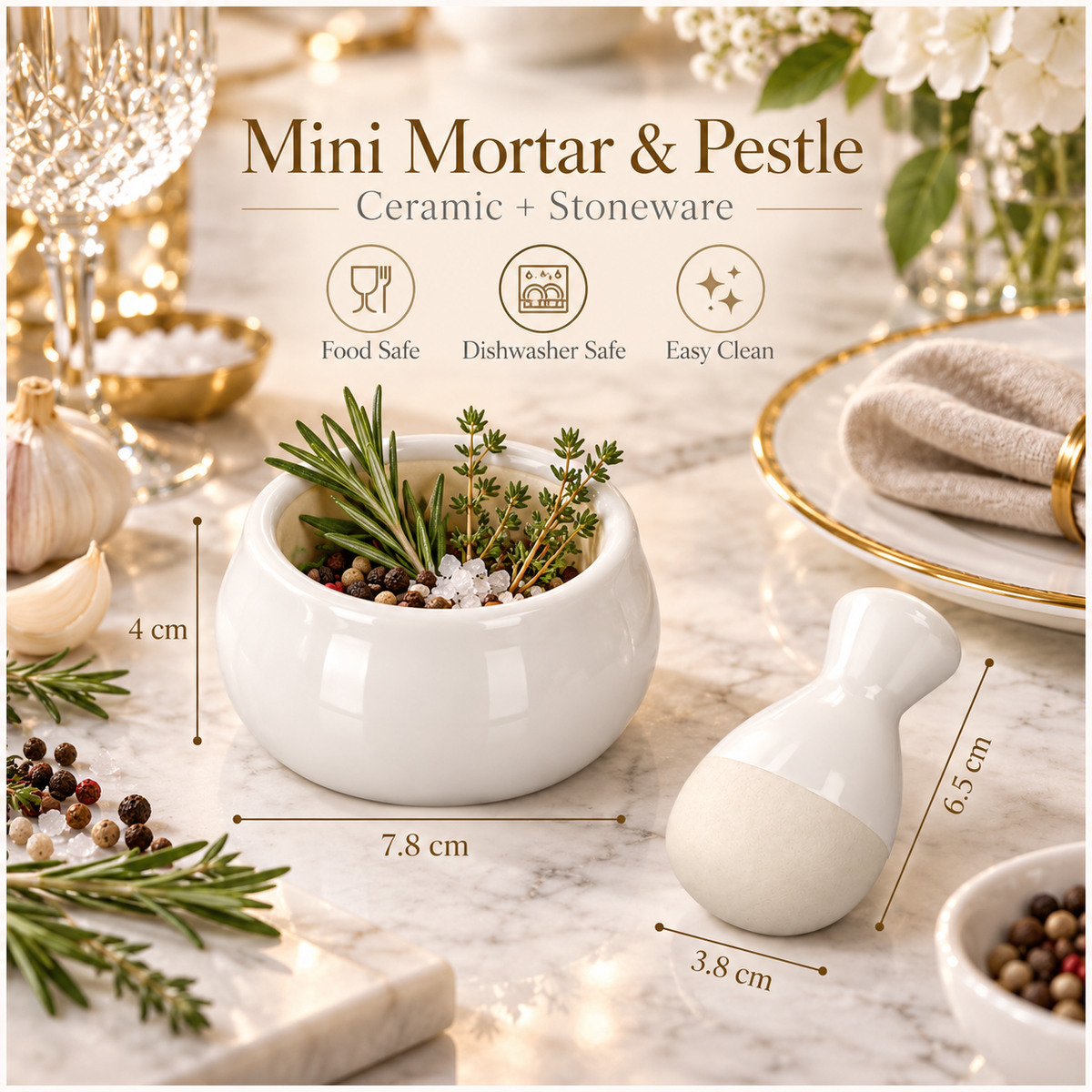 Mini Ceramic Mortar and Pestle Set - White Cream - Herb and Spice Grinder