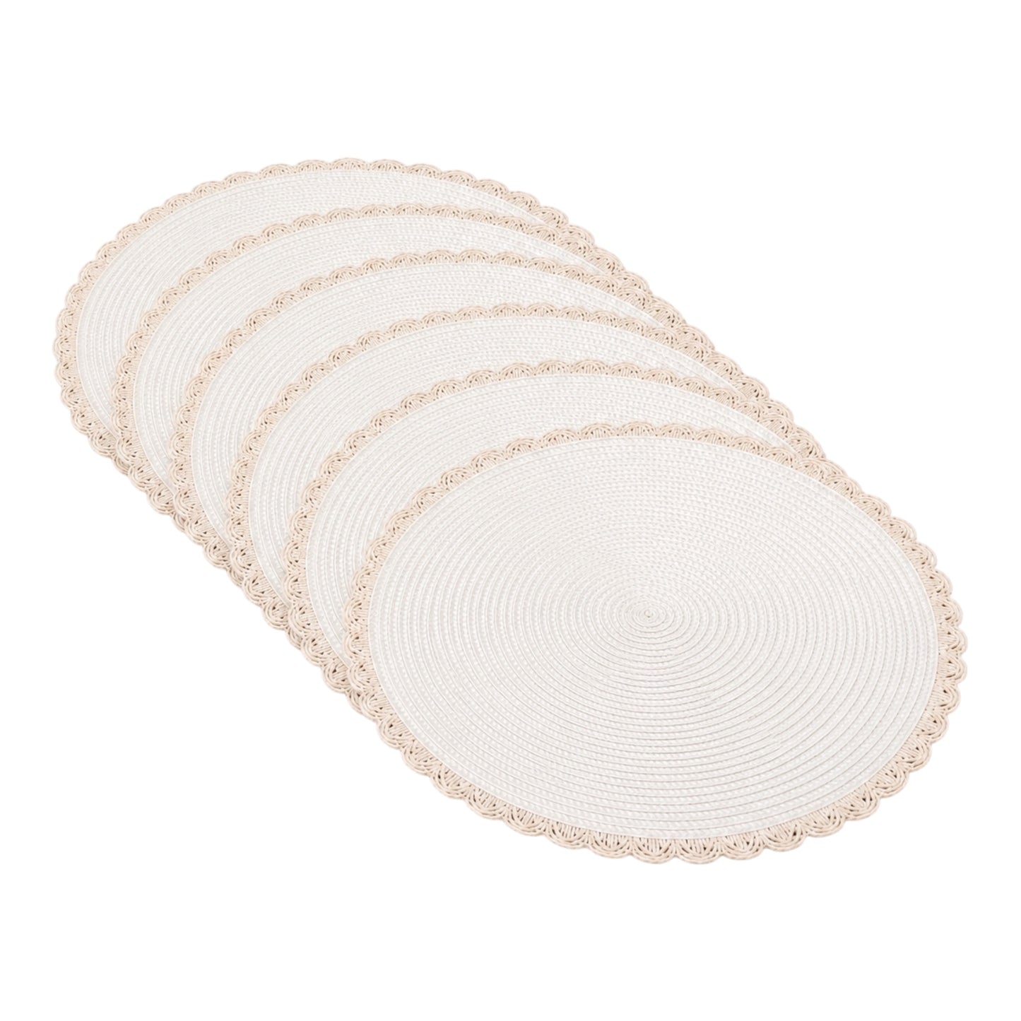 Six oval woven placemats in a cream color with scalloped edges, arranged in a fanned-out layout on a solid white background.