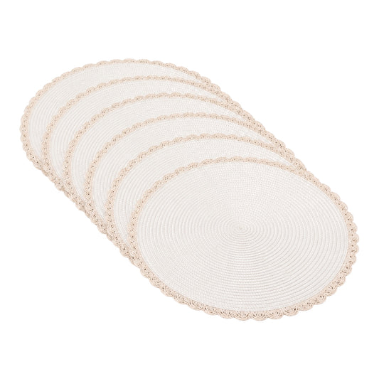 Six oval woven placemats in a cream color with scalloped edges, arranged in a fanned-out layout on a solid white background.