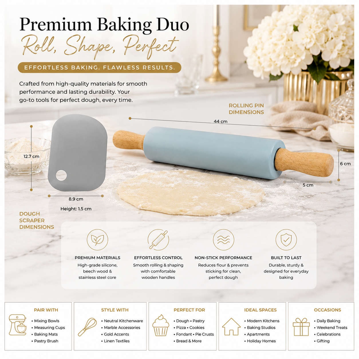 A stylish baking set made for rolling, shaping, lifting and scraping