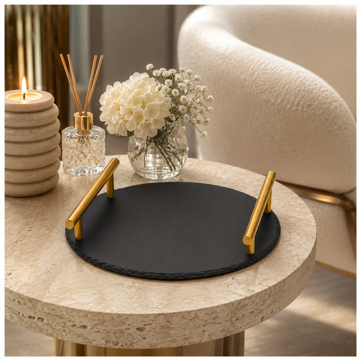 Midnight Slate Round Serving Tray With Metallic Gold Handles
