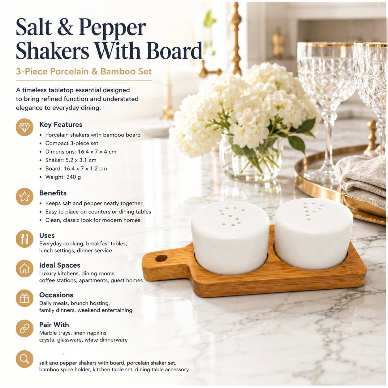 Classic Salt and Pepper Shakers with Bamboo Board – 3 Piece Porcelain Set
