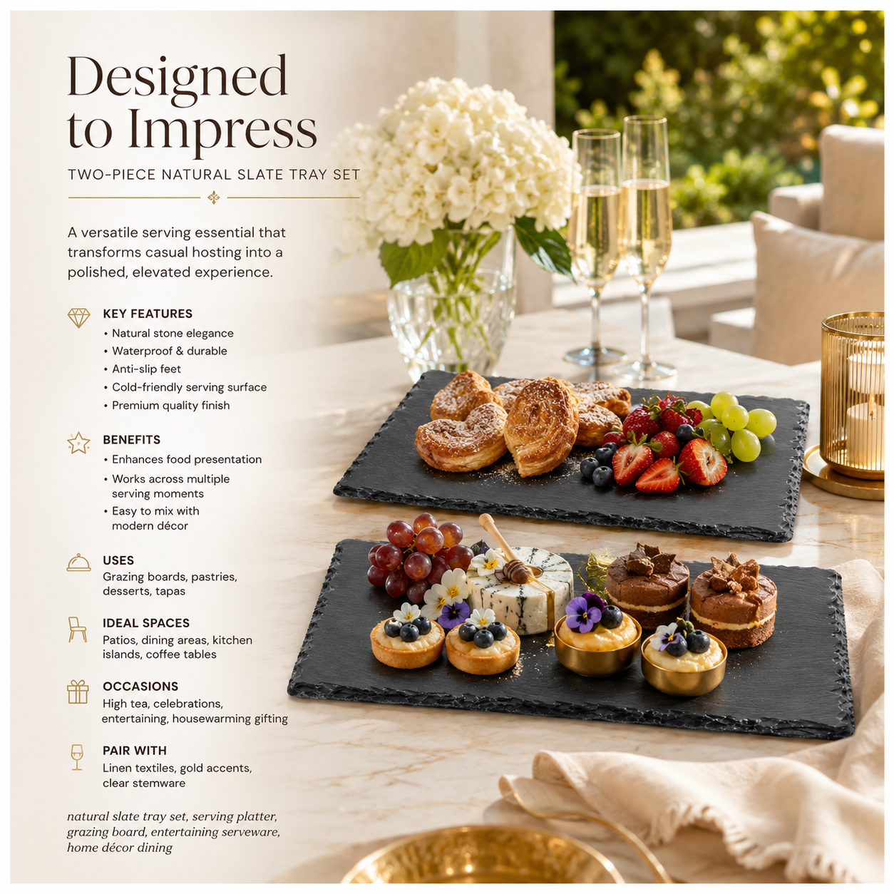 Elegant Two-Piece Natural Stone- Slate Serving Tray Set – 40 x 30cm