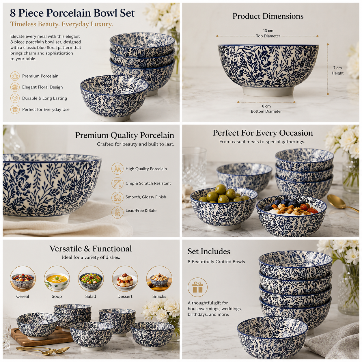 Elegant 8-Piece Blue Floral Porcelain Bowl Set – 13 cm