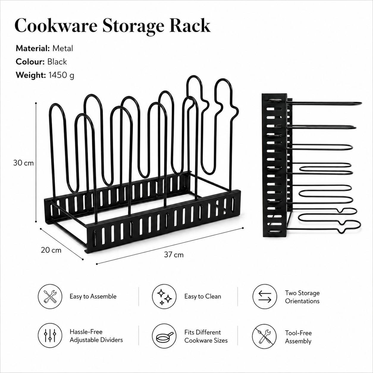 Essential Black Metal Adjustable Cookware Storage Rack-Cookware Organizer