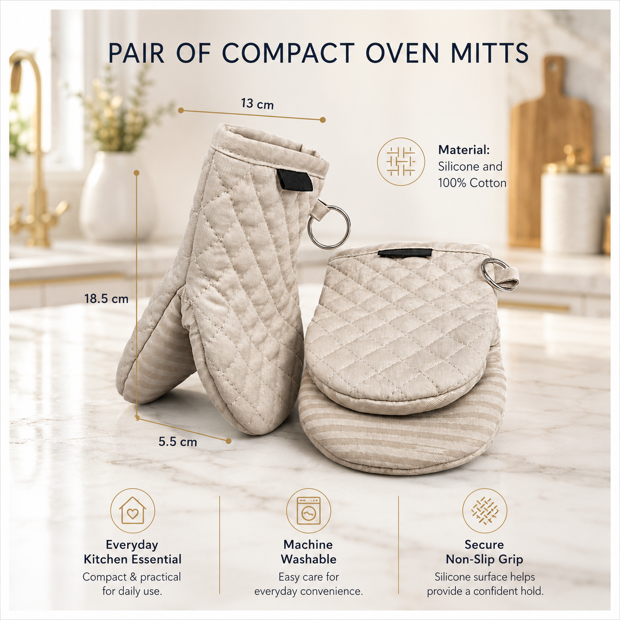Quilted Compact Oven Mitt Set with Silicone Grip - Olive Brown