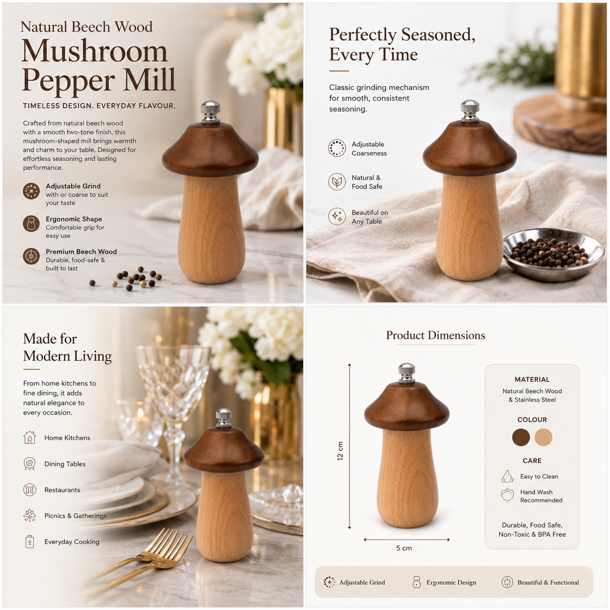 Natural Beech Wood Mushroom Pepper Mill with Adjustable Grind Control-12 cm