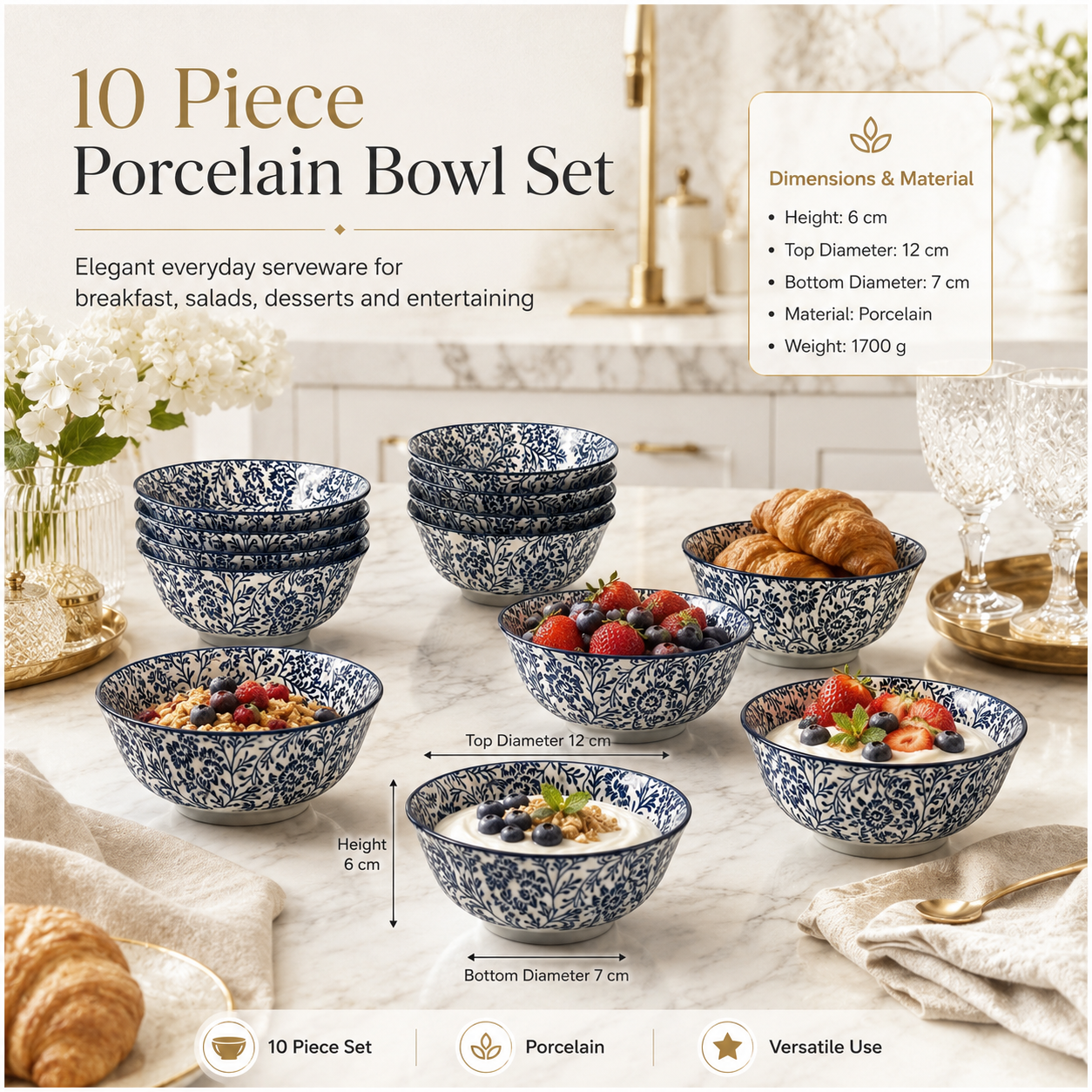 Elegant 10-Piece Blue White Porcelain Bowl Set - Beautiful Floral Serveware