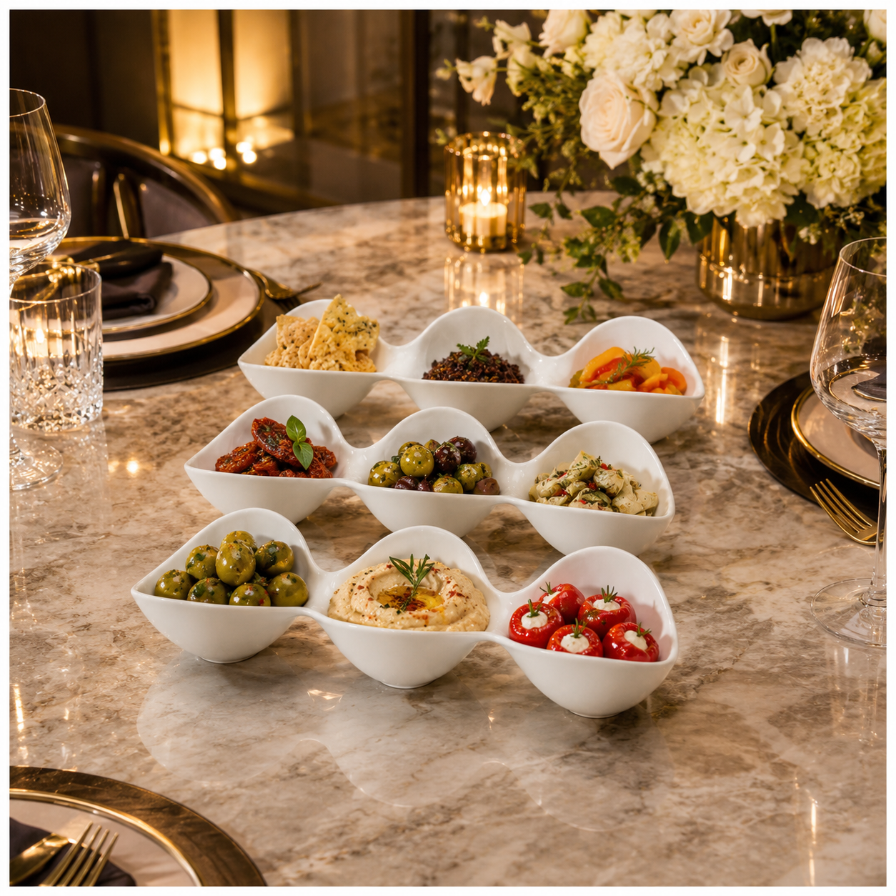 3-Piece White Melamine Triple Bowl Serving Set – 3 x 3-Compartment Bowls