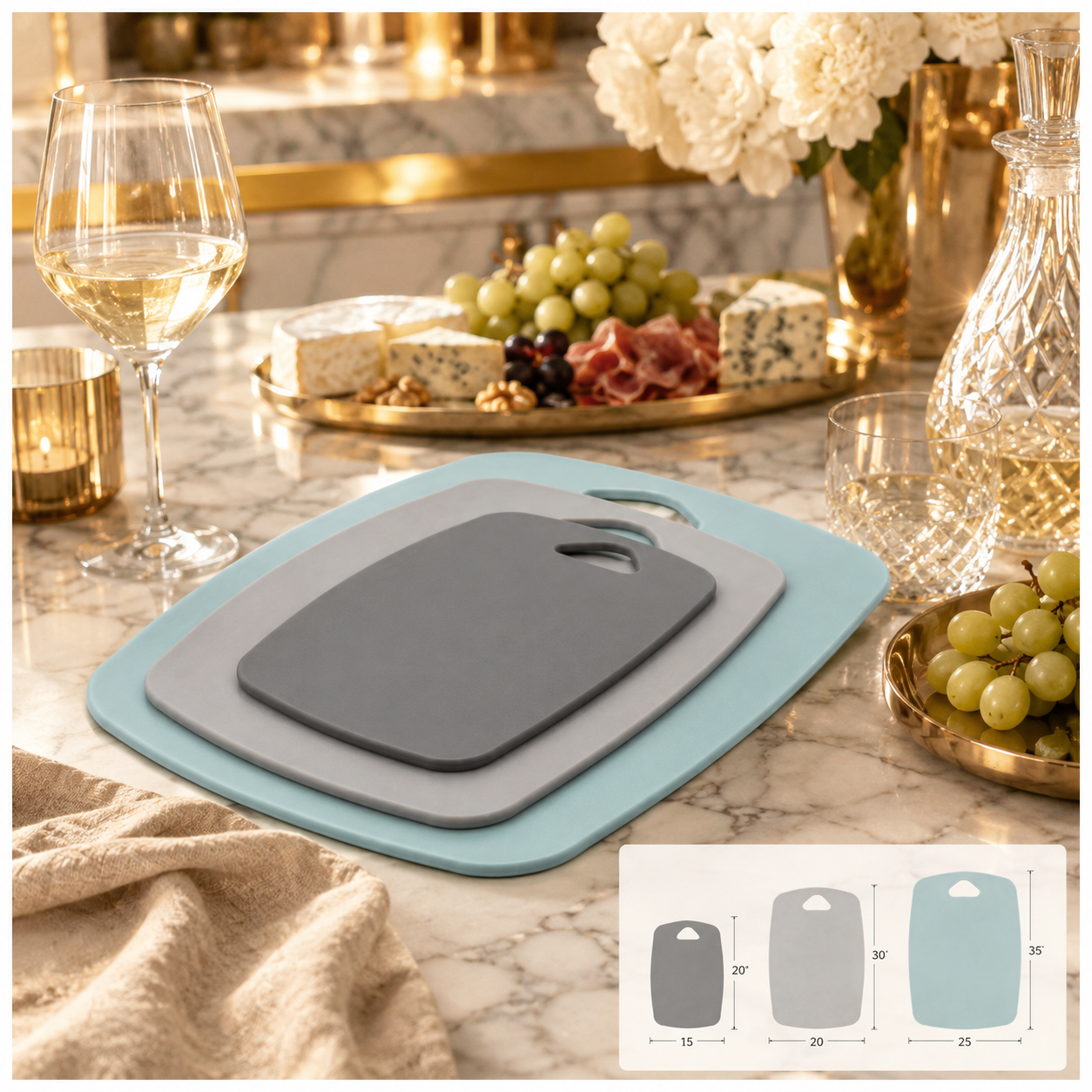 3-Piece Nesting Chopping Board Set – Food-Safe - Non-Slip - Dishwasher Safe