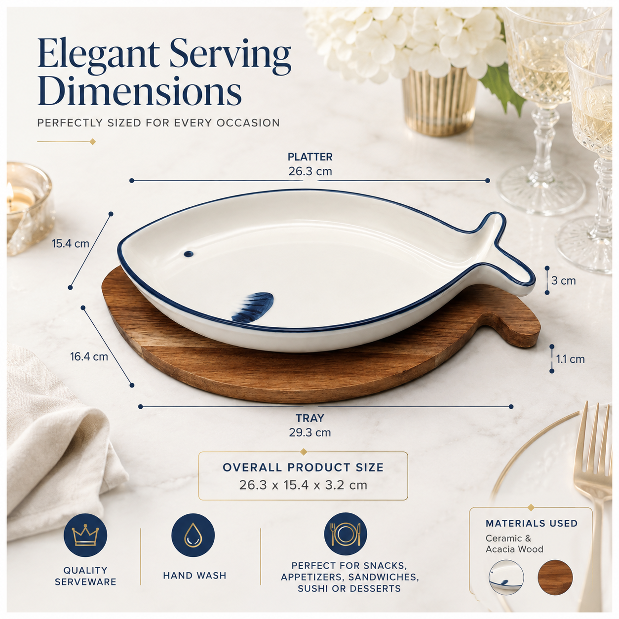 Fish Shaped Snack Serving Platter with Wooden Tray – Ceramic & Acacia Wood Serveware Set