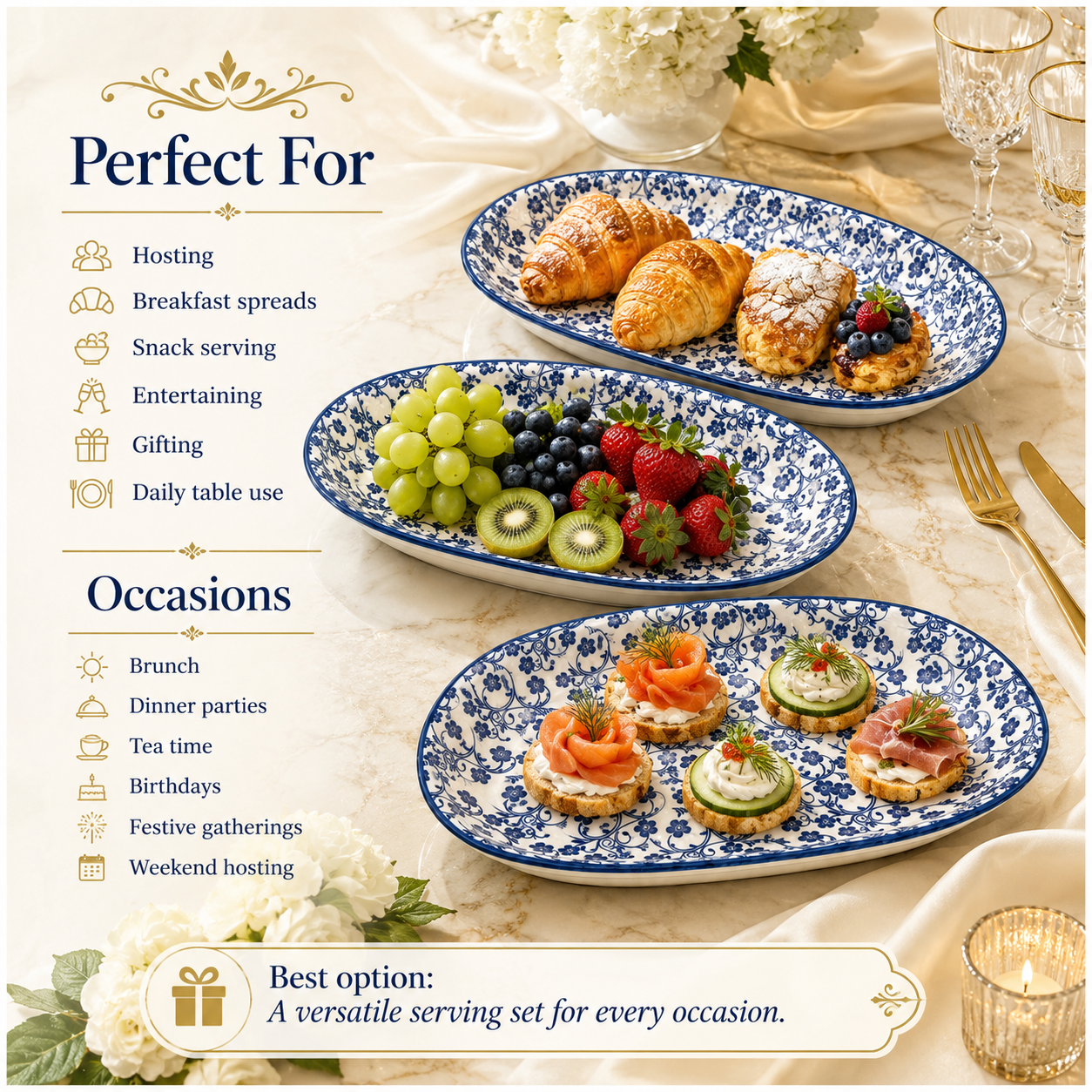 Elegant Blue and White Ceramic Serving Platter Set – Set of 3 - 30 cm