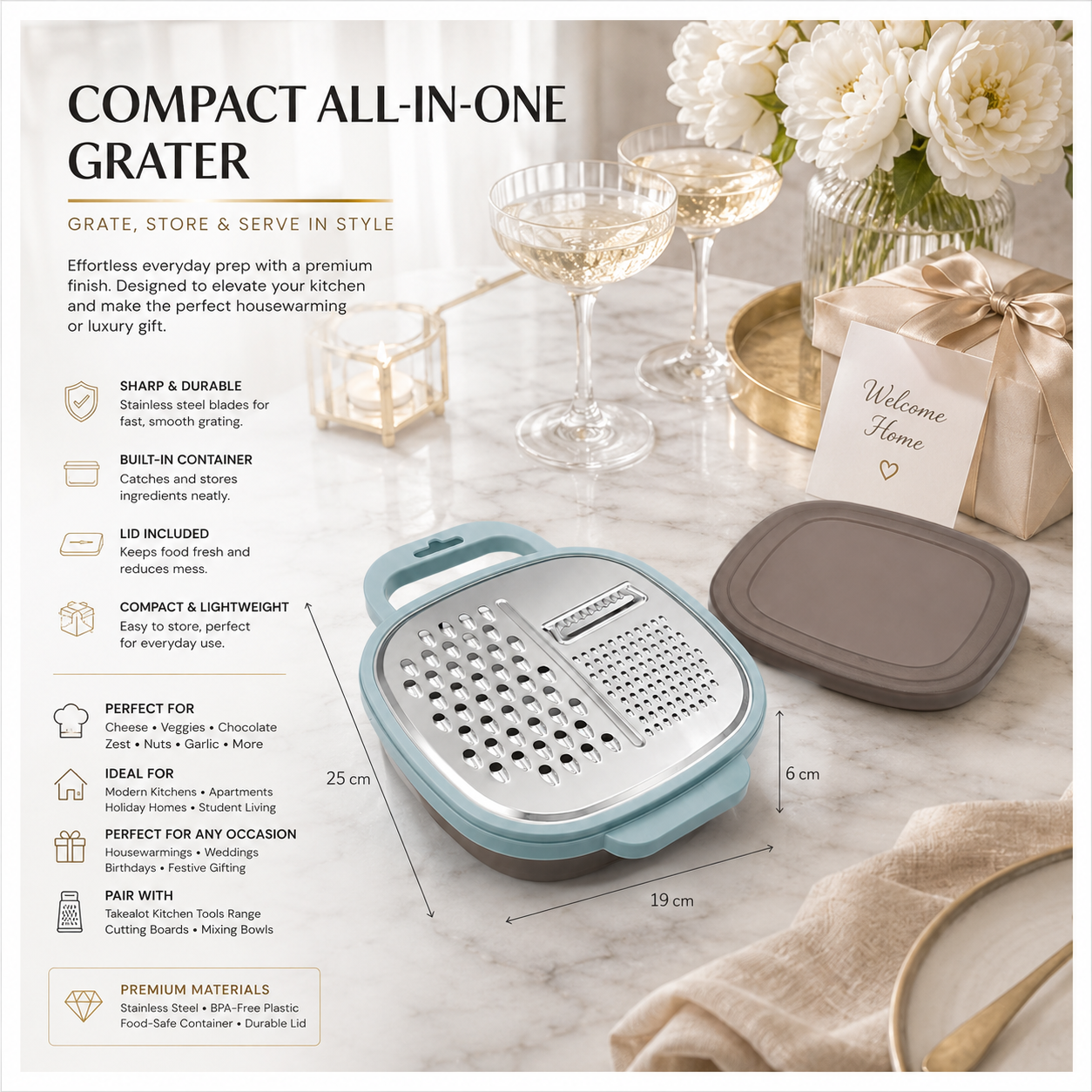 Essential 2-in-1 Stainless Steel Box Grater with Storage Container and Lid
