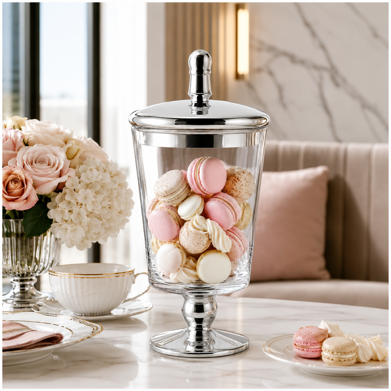 Elegant Decorative Glass Jar with Mirrored Silver Lid and base – 23.5cm