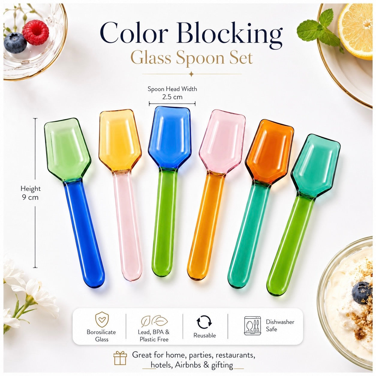 High Quality BPA Free-Color Blocking Borosilicate Glass Spoon-Set of 6- 9cm