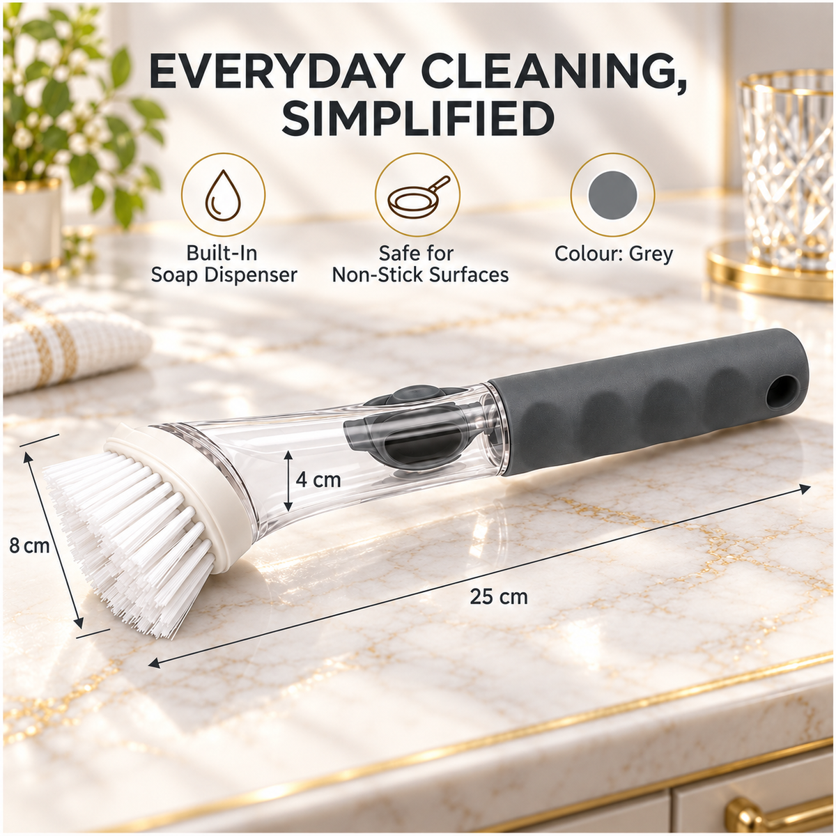 Essential Soap-Dispensing Dish Brush with Soft-Grip Handle – Grey