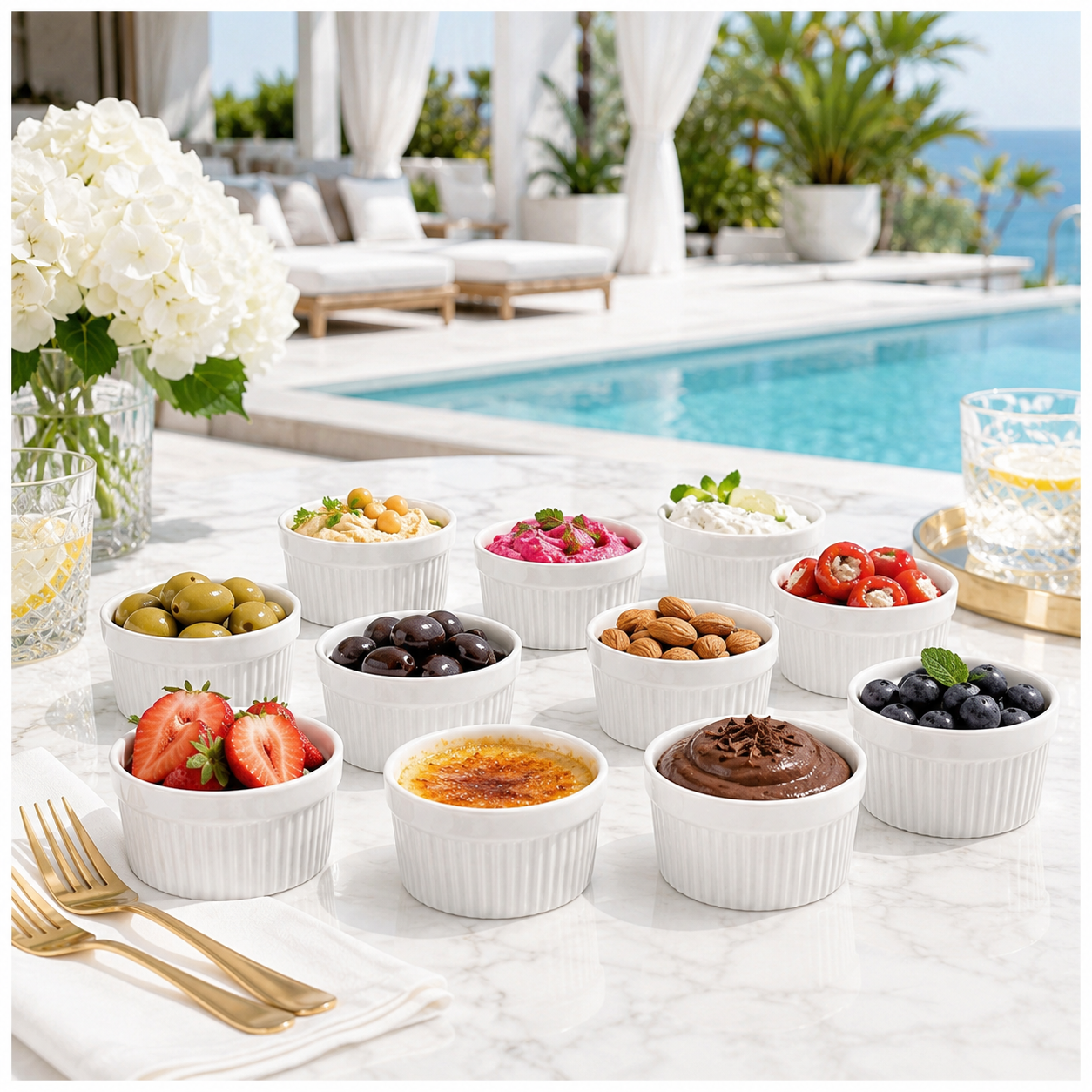 White Porcelain Ramekins Set of 12–Classic Ribbed Dessert and Baking Bowls