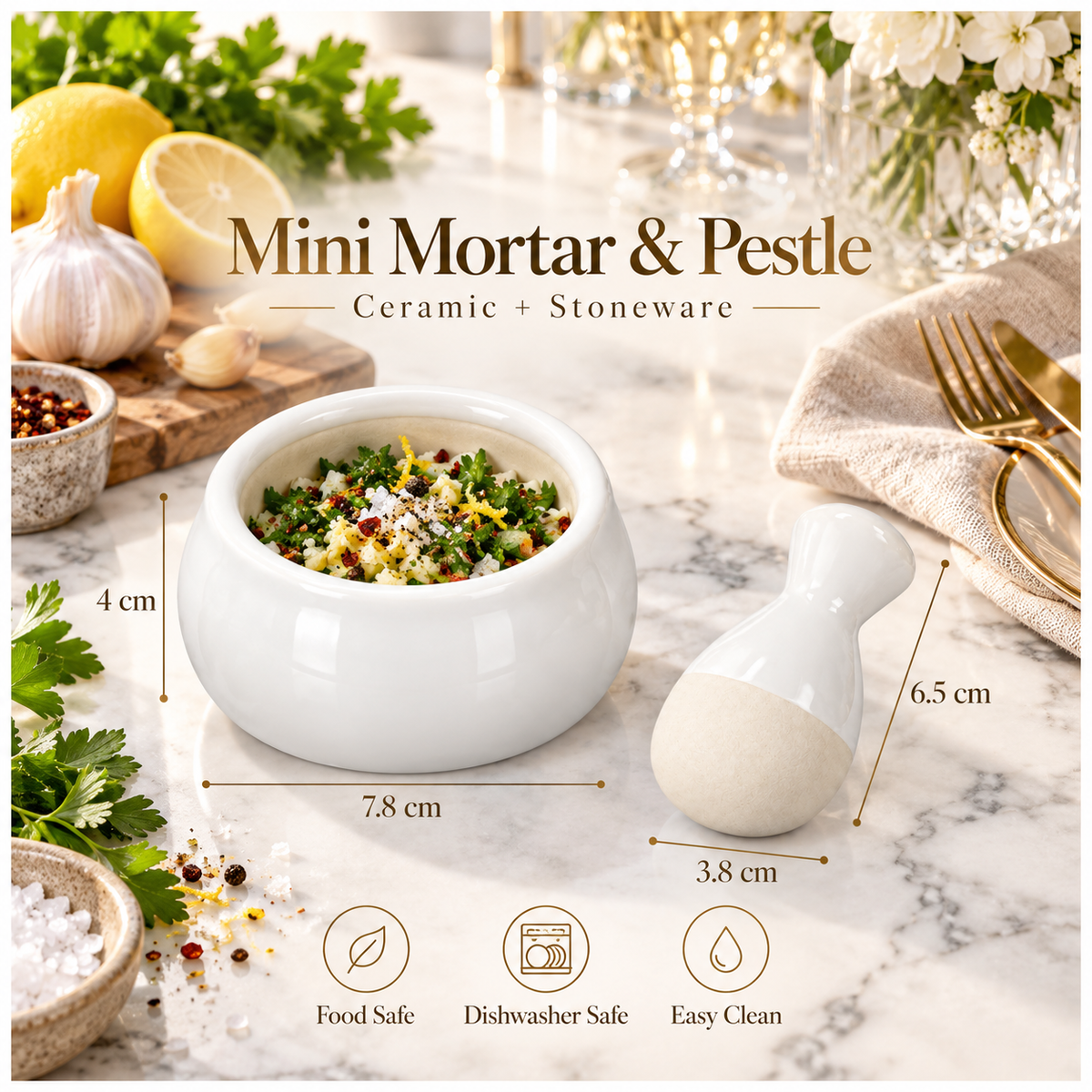 Mini Ceramic Mortar and Pestle Set - White Cream - Herb and Spice Grinder