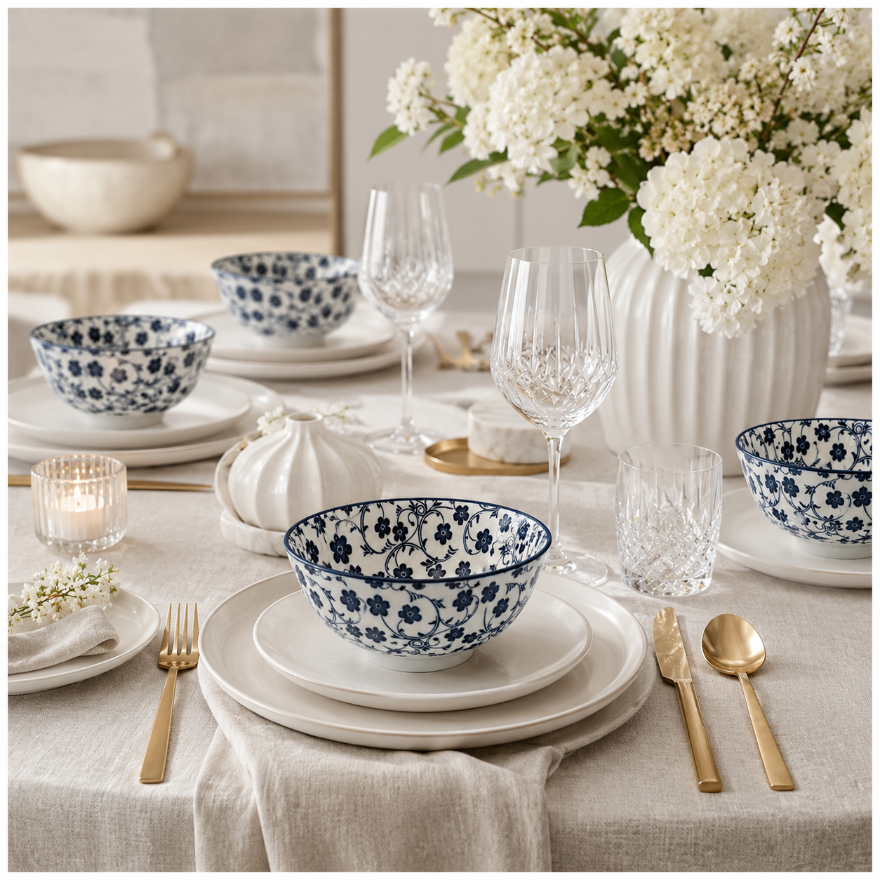 Elegant 10-Piece Blue and White Porcelain Starter Bowl Set