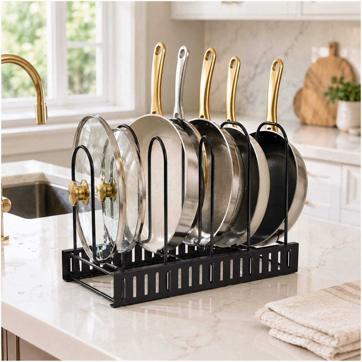 Essential Black Metal Adjustable Cookware Storage Rack-Cookware Organizer