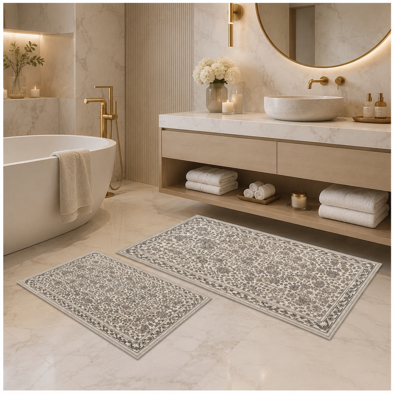 2-Piece Accent Persian Carpet Set–Charcoal Grey and Ivory-50x84cm-60x102 cm