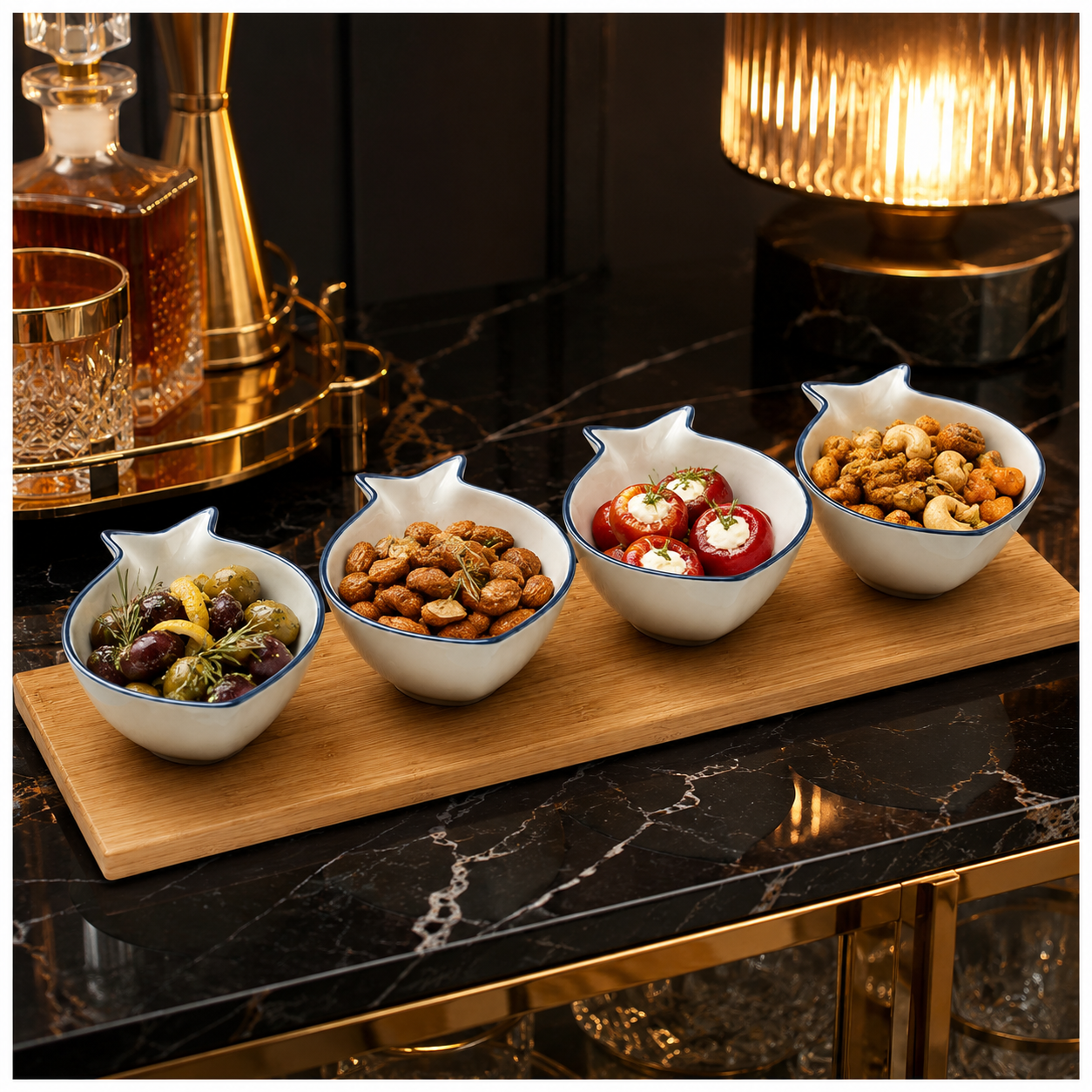 Ceramic Fish Shaped Snack Serving Bowl Set with Acacia Wooden Tray -5 Piece