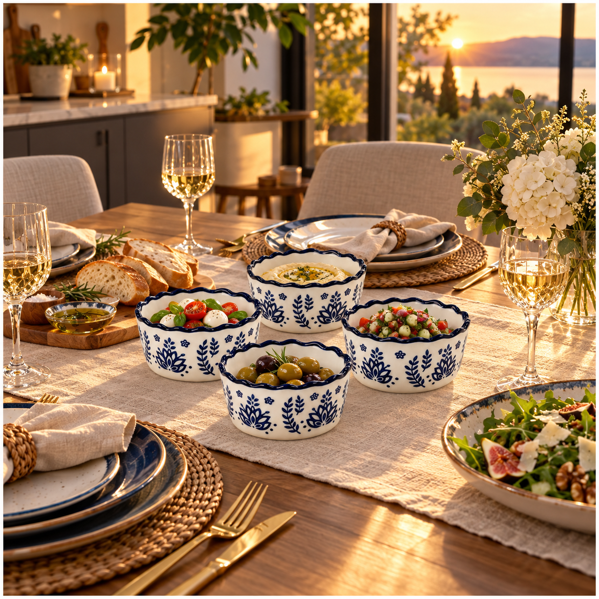 Elegant Navy Botanical Porcelain Sauce Bowls – Set of 4 Floral Bowls