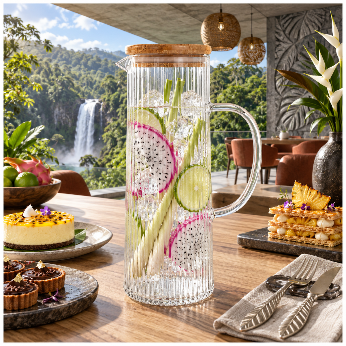 Elegant 1.2L Ribbed Crystal Glass Water Pitcher with Airtight Wooden Lid