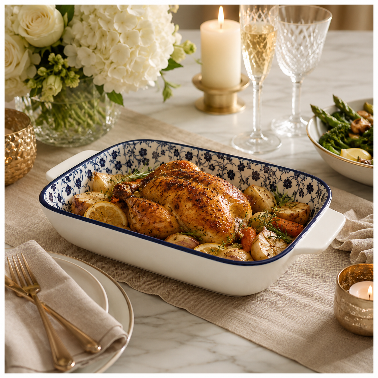 Elegant Navy Floral Ceramic Casserole Dish – 27.4cm - Blue and White