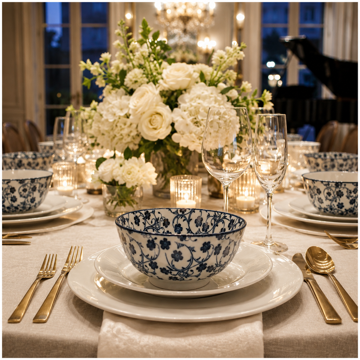 Elegant 10-Piece Blue and White Porcelain Starter Bowl Set