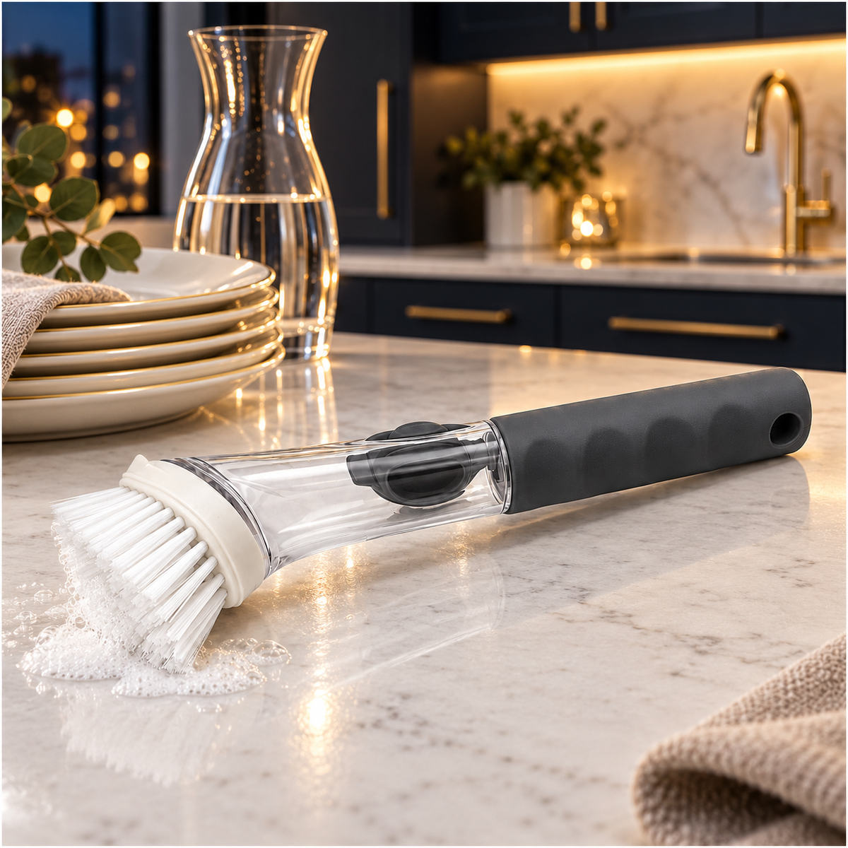 Essential Soap-Dispensing Dish Brush with Soft-Grip Handle – Grey