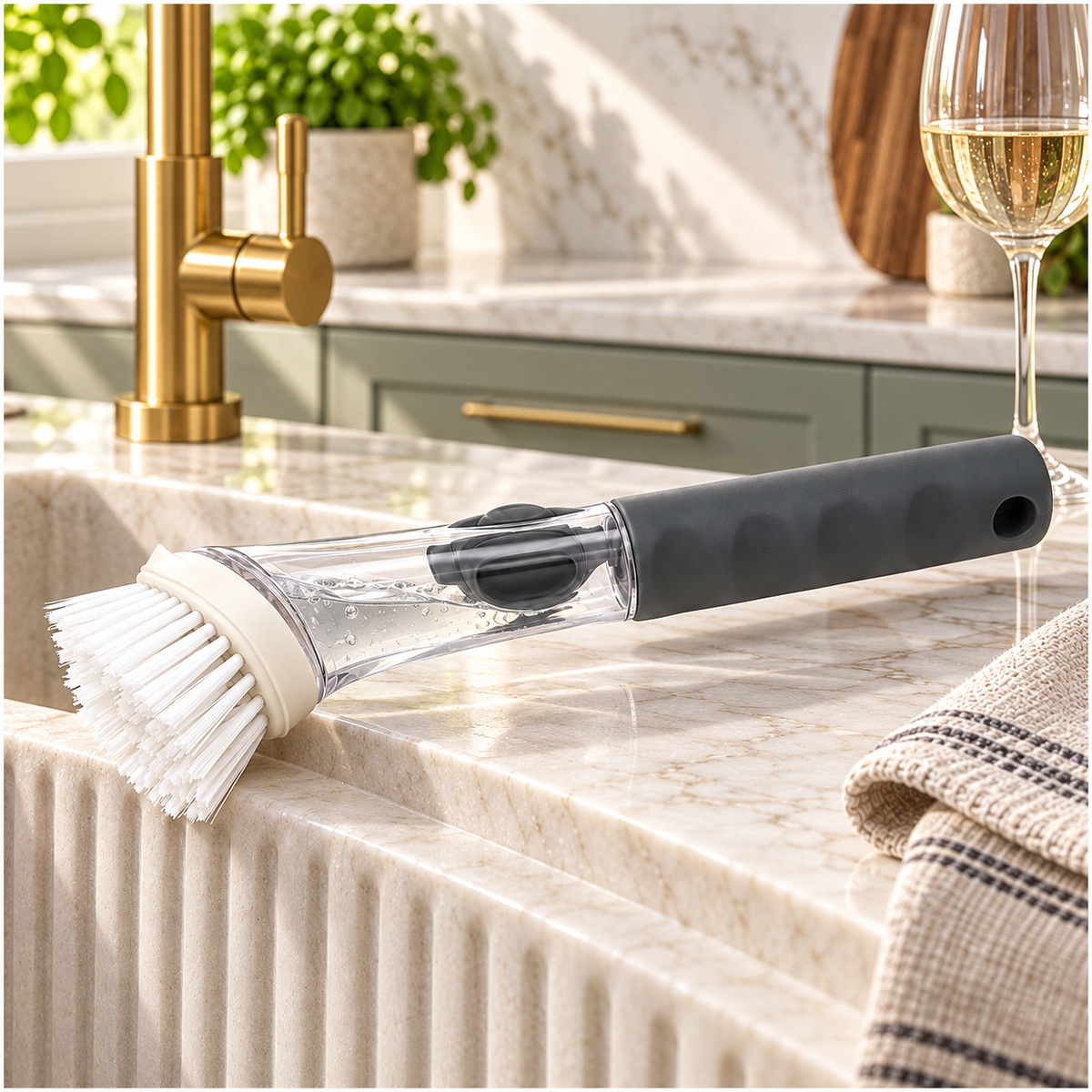 Essential Soap-Dispensing Dish Brush with Soft-Grip Handle – Grey