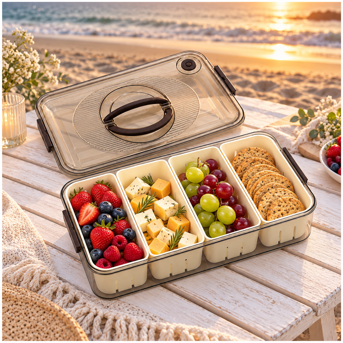 Portable 4-Compartment Snack Platter for Home, Picnics, Parties and Travel