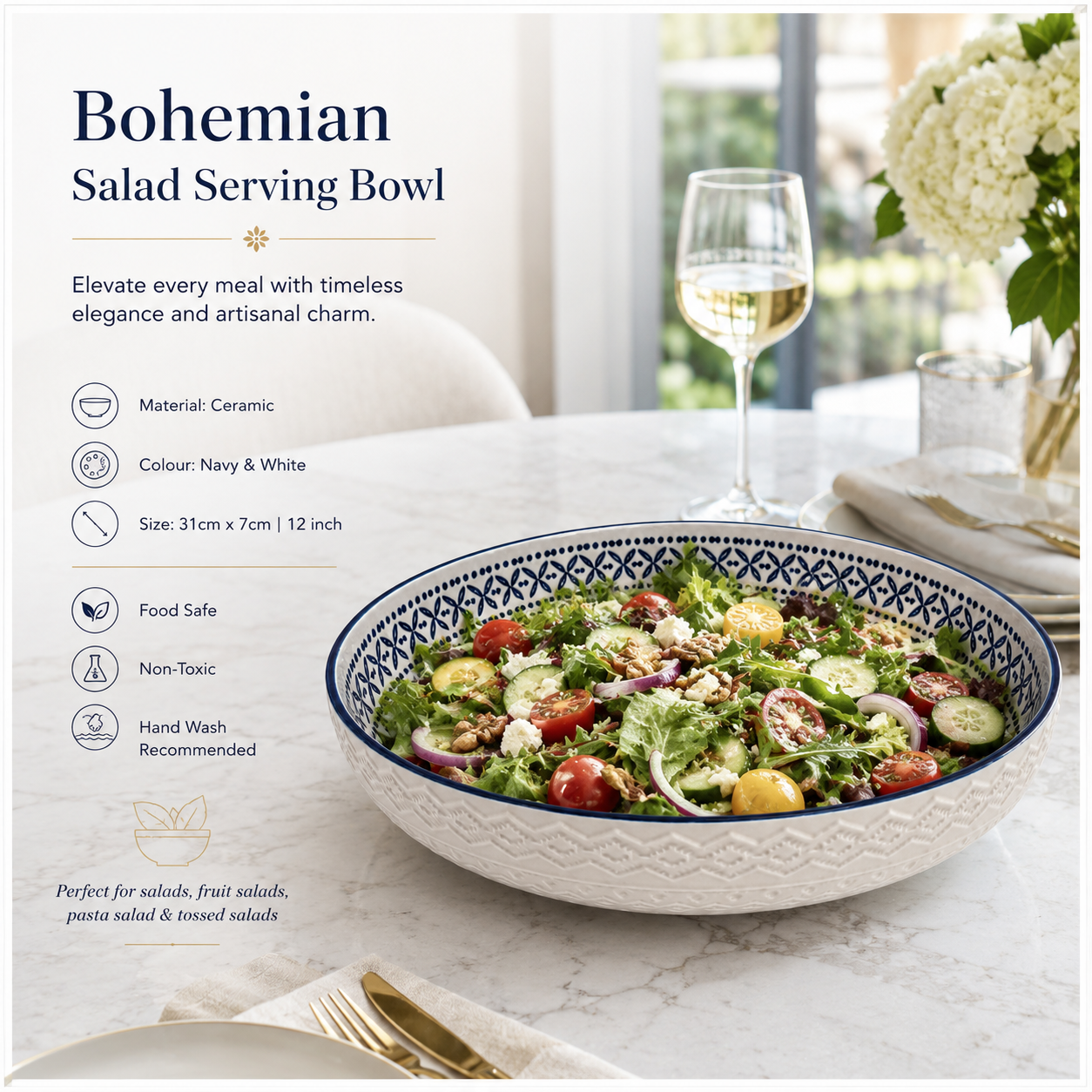Luxury Large Ceramic Salad Serving Bowl 31cm–Navy and White -Floral Design