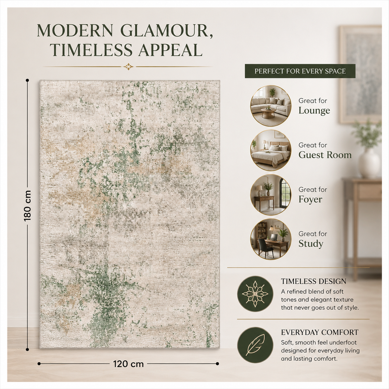 Modern Abstract Area Rug - 180cm x 120cm – Green, Cream Soft Accent Rug