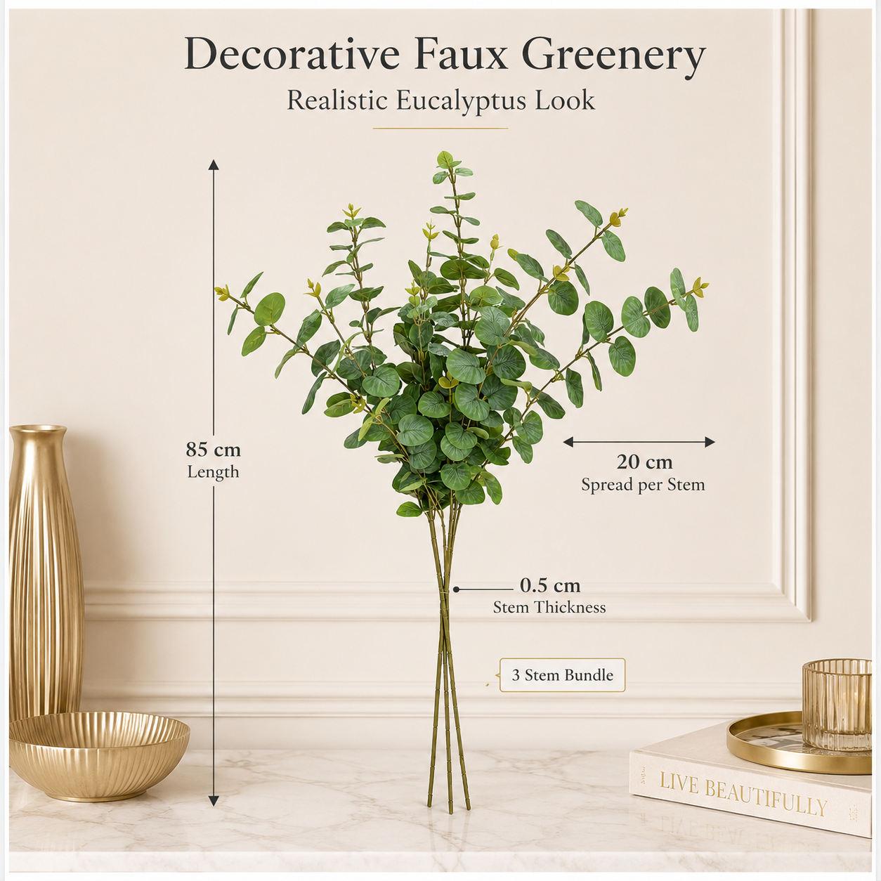 Stylish Modern Eucalyptus Stems Bundle – 3 Modern Decorative Stems - 85 cm