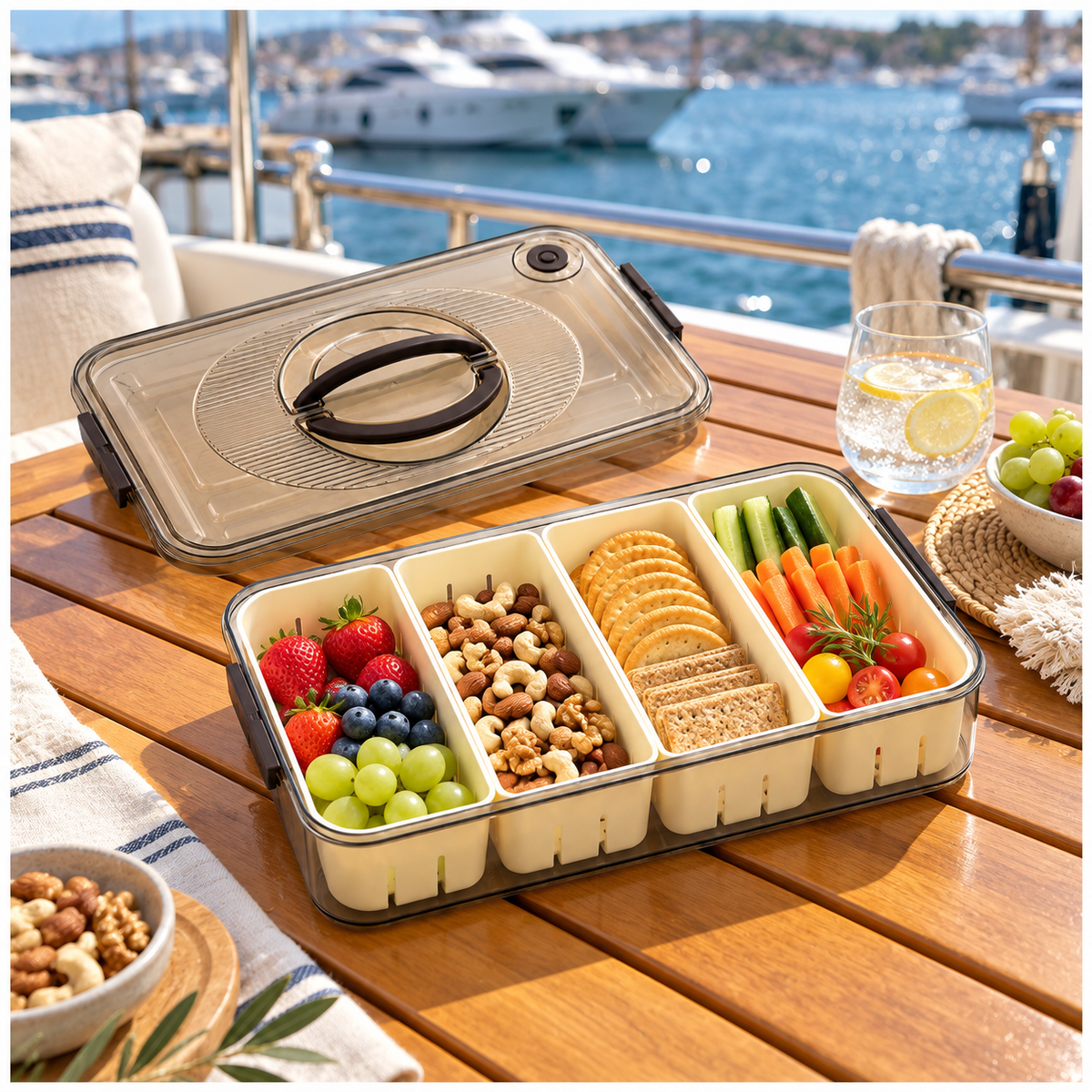 Portable 4-Compartment Snack Platter for Home, Picnics, Parties and Travel