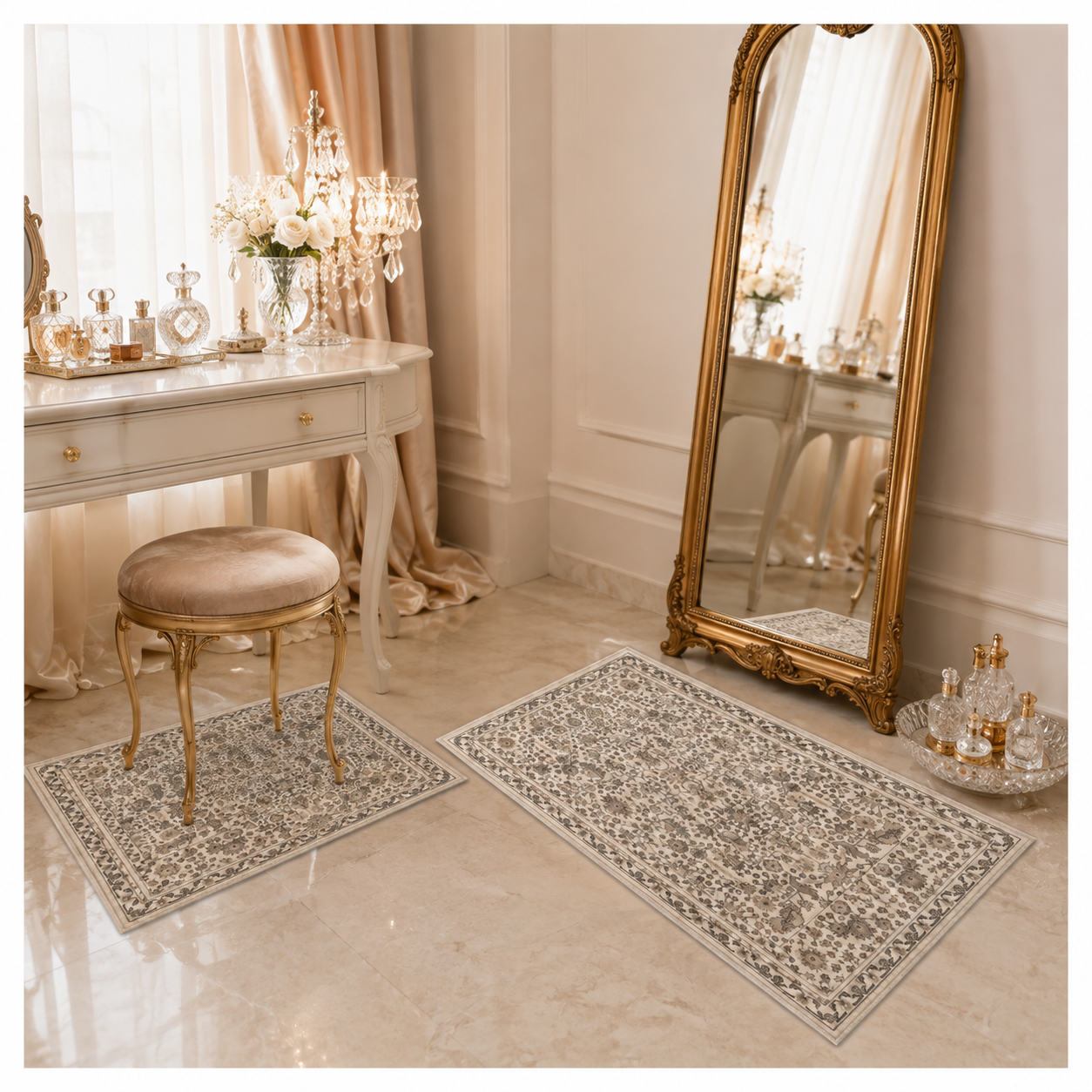 2-Piece Accent Persian Carpet Set–Charcoal Grey and Ivory-50x84cm-60x102 cm
