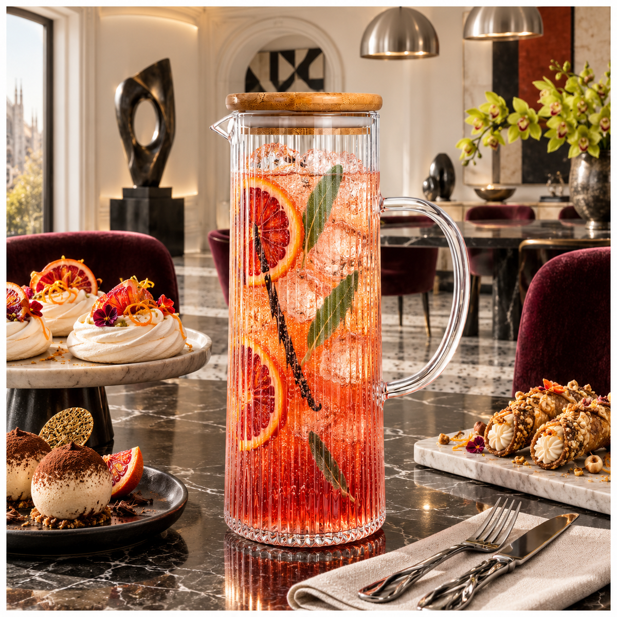Elegant 1.2L Ribbed Crystal Glass Water Pitcher with Airtight Wooden Lid