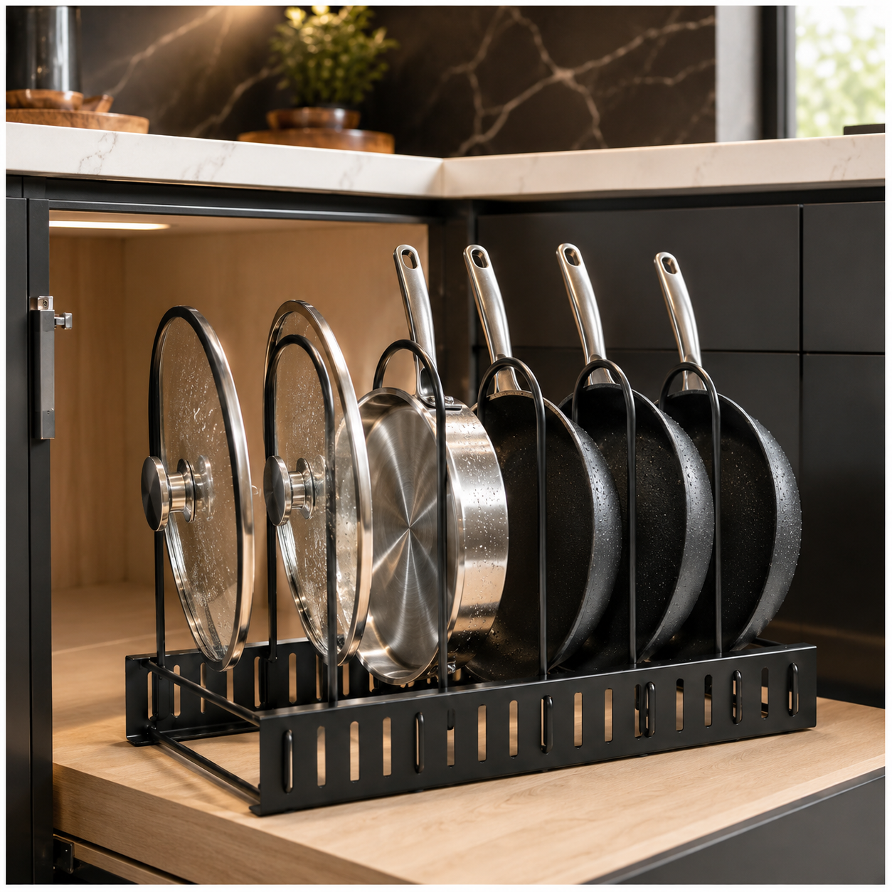 Essential Black Metal Adjustable Cookware Storage Rack-Cookware Organizer