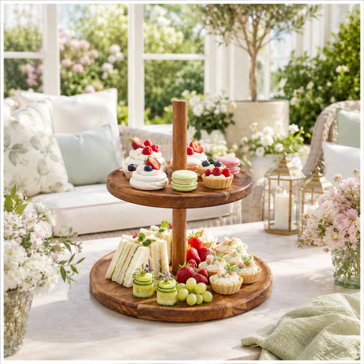 Natural Acacia 2-Tier Round Serving Platter - Wooden Display Stand - 28cm