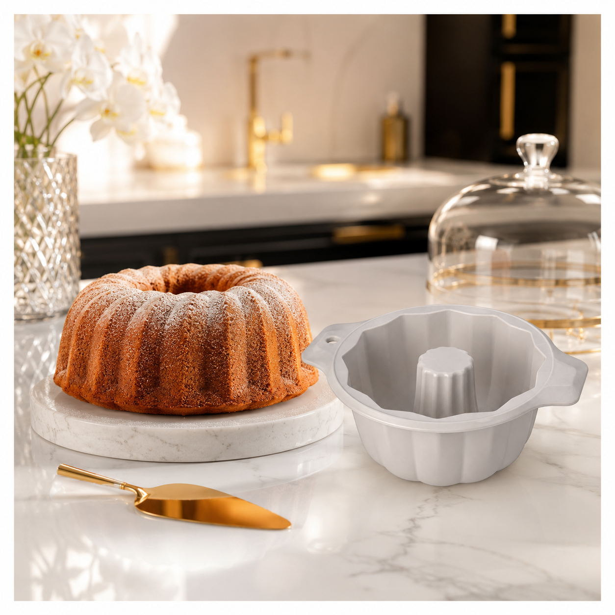BPA Free Professional Silicone Cake Mould – Stone White Round Bundt Mould