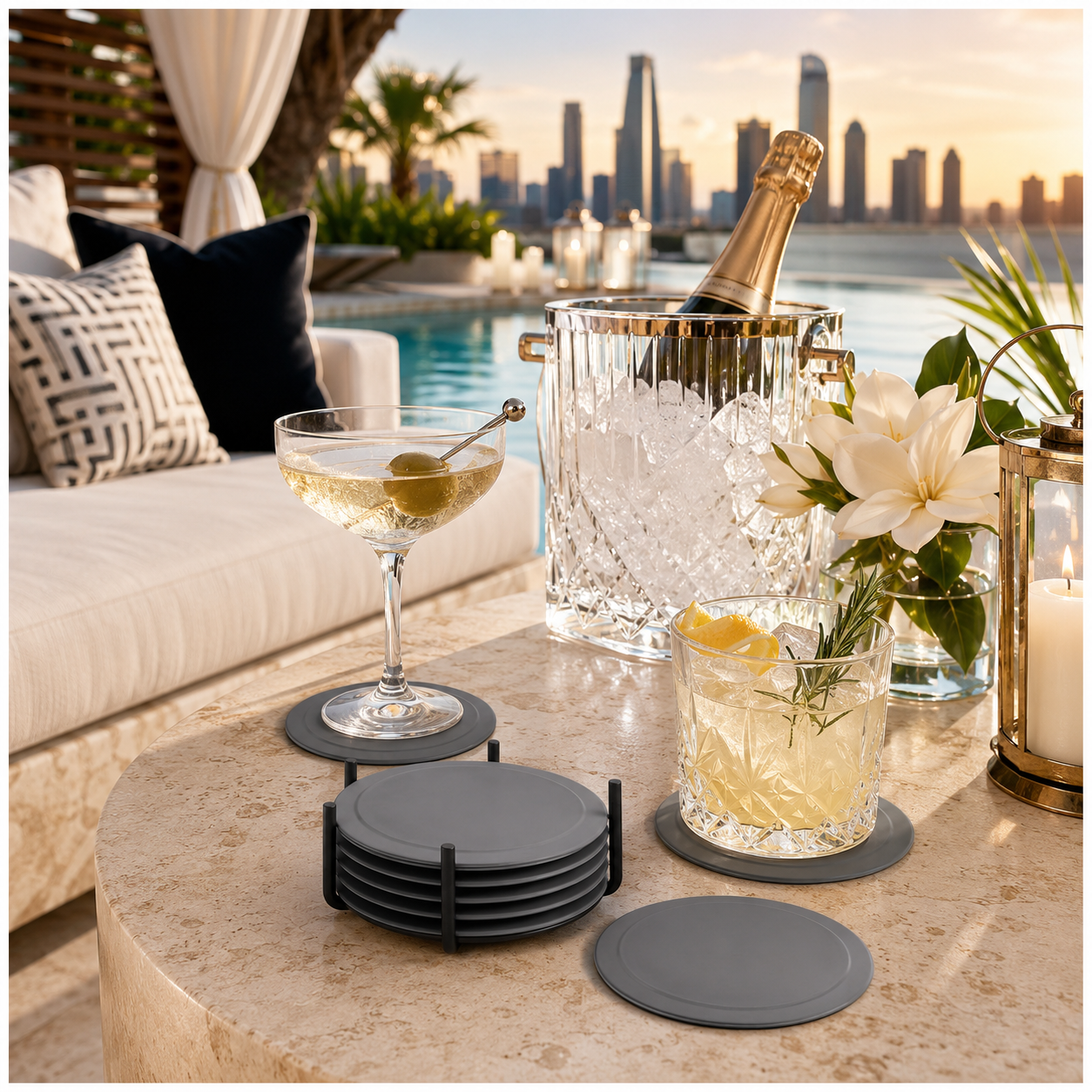 Grey Silicone Drink Coaster Set with Space - 6 Piece Set With Metal Holder