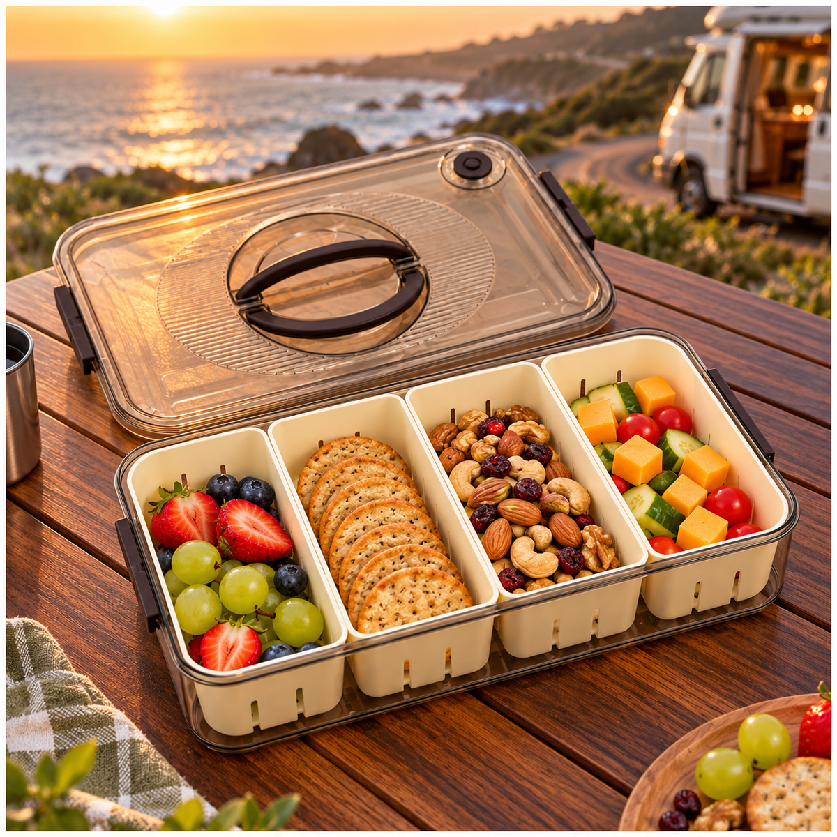 Portable 4-Compartment Snack Platter for Home, Picnics, Parties and Travel