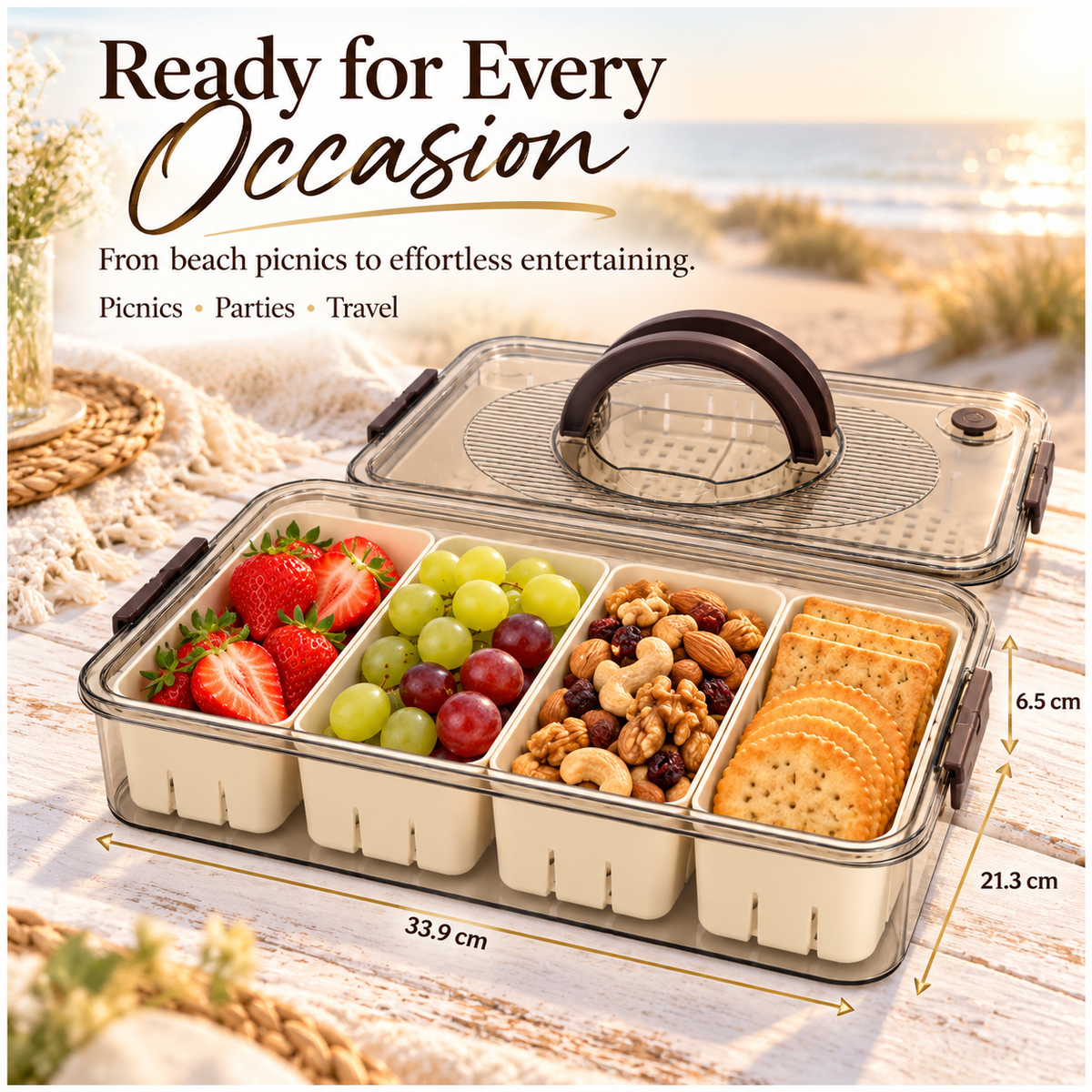 Portable 4-Compartment Snack Platter for Home, Picnics, Parties and Travel