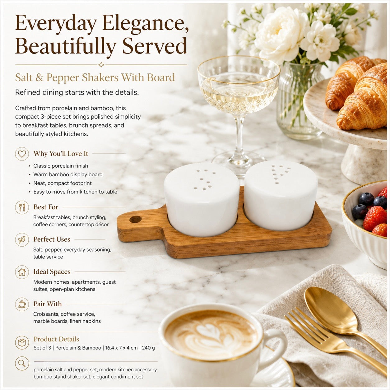 Classic Salt and Pepper Shakers with Bamboo Board – 3 Piece Porcelain Set